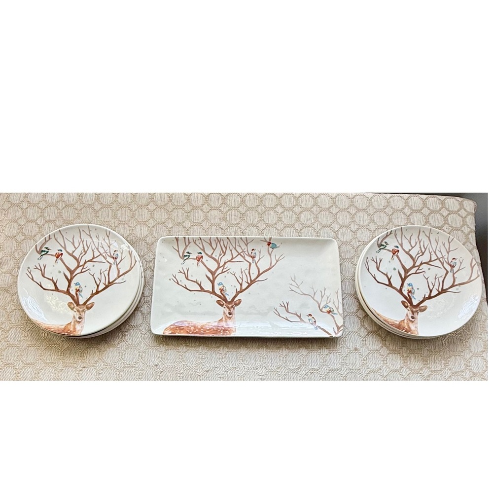 Pier 1 Alexander Ironstone Stag Deer Birds Platter and 6 Plates Set 7pc